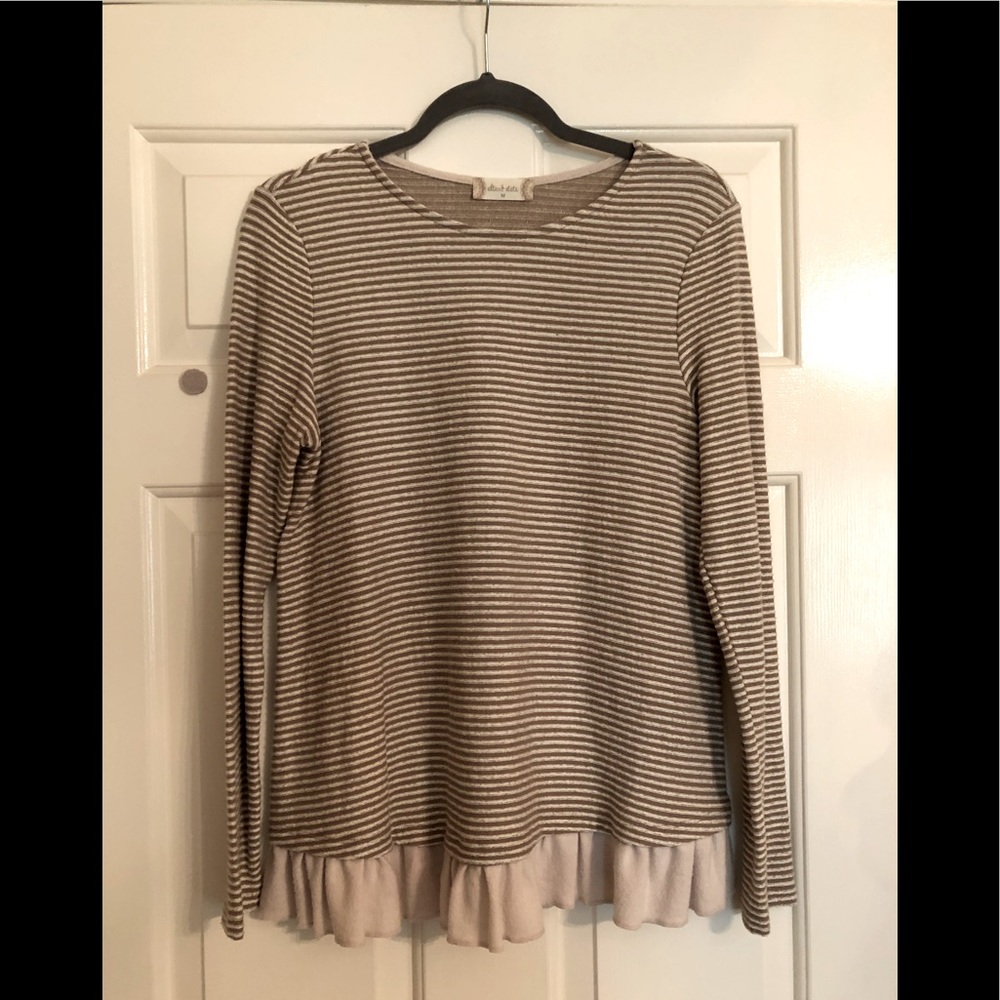 Light brown and beige stripe top with ruffle hem